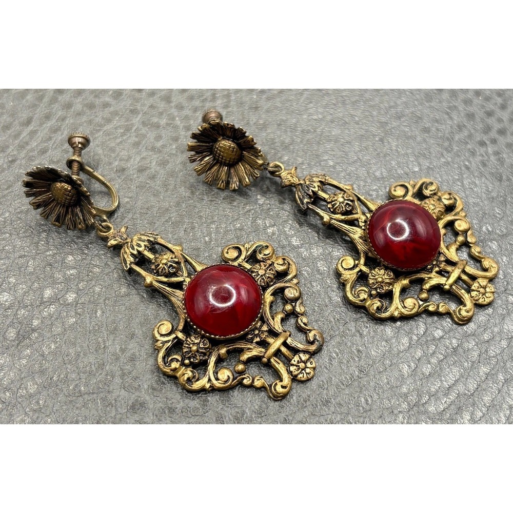 Vintage Czech Art Nouveau Deco Glass Cabochon Flower Dangle Earrings Brass Tone - Picture 3 of 10